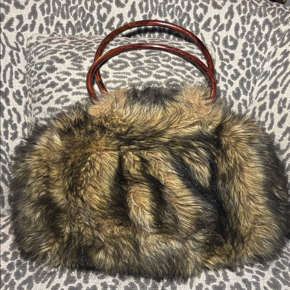 Faux Fur Handbag with Brown Handles wood circle handle unique bag slouchy purse